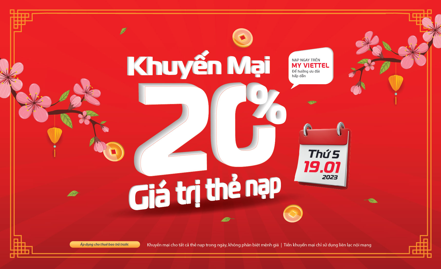 Viettel chiết khấu 20% mọi giá trị thẻ nạp, duy nhất ngày 19.01.2023 (tức 28 tháng Chạp)